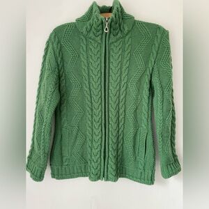 The Irish Store Aran Sweater Women’s Medium 100% Wool Green Cable Knit Cardigan